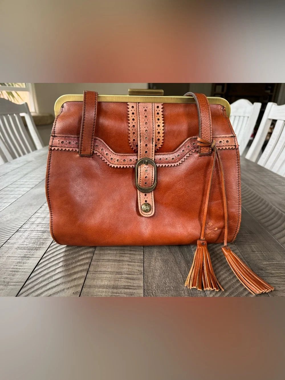 Vintage Patricia Nash Cognac Leather Frame Satchel - Shoulder Bag Purse